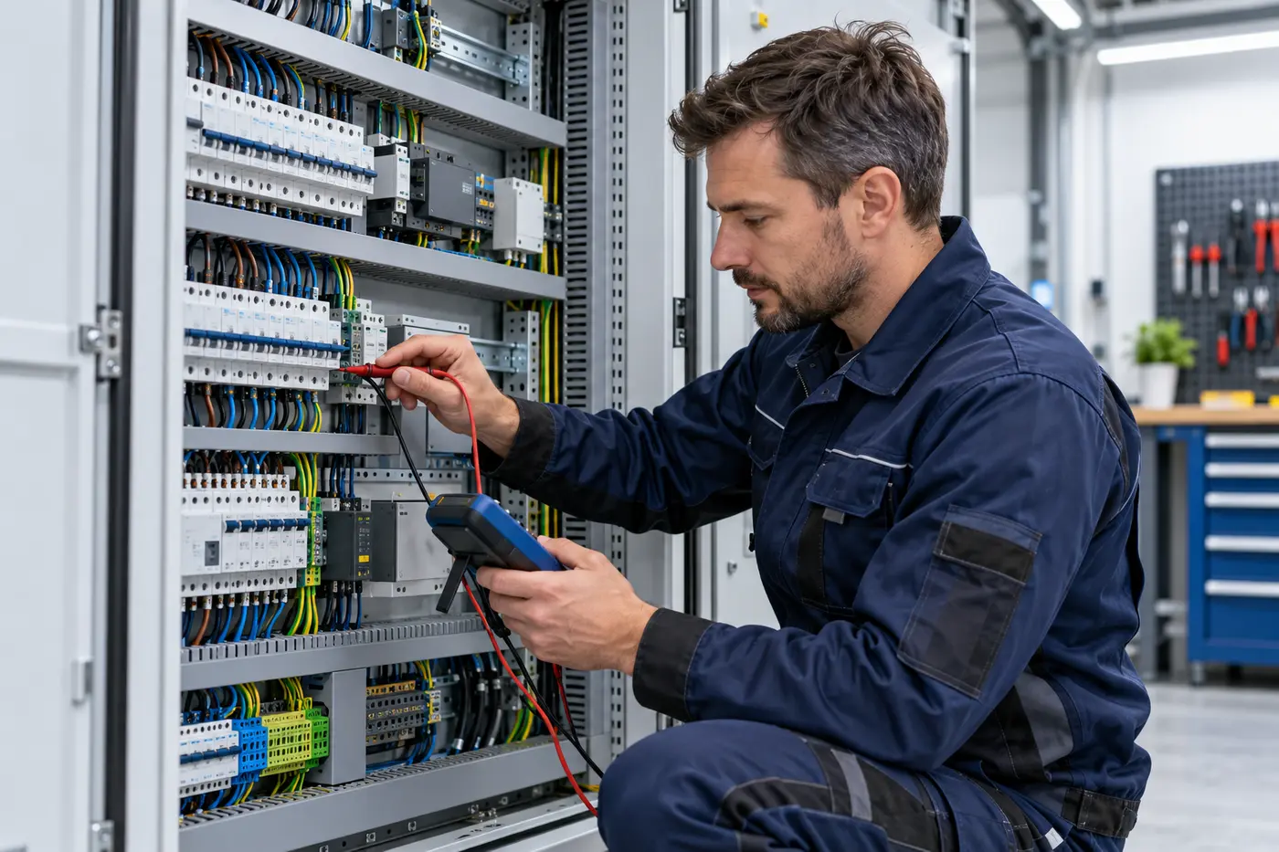 Technik provádí měření v elektrickém rozvaděči